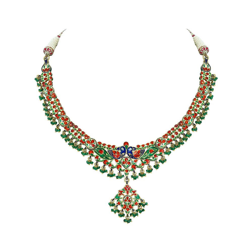 Peacock Polki Necklace with Multicolour Enamel and Bead Drops